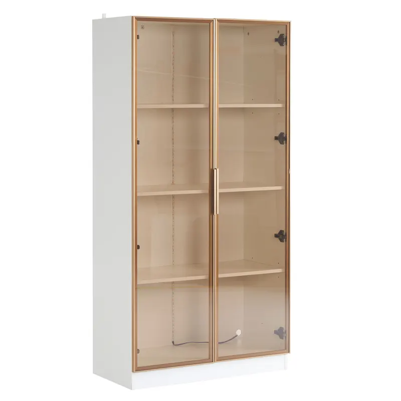 Set de 2 Vitrine cu Iluminare LED în 16 Culori, Uși Batante și Rafturi Reglabile, 80x40x160 cm (fiecare), Dulap Înalt pentru Living, Alb