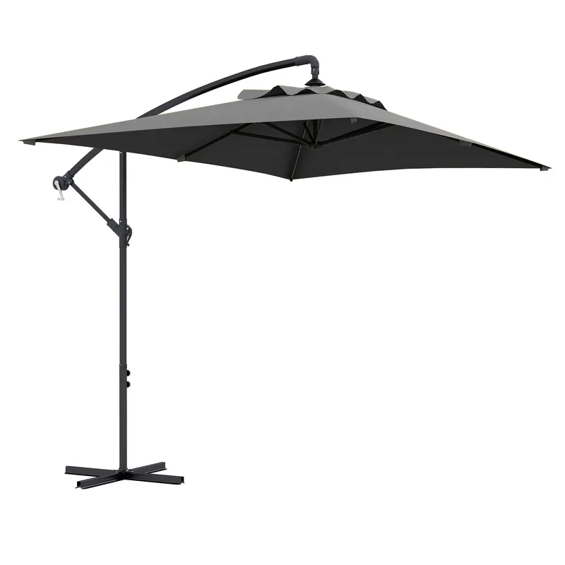 Outsunny Umbrelă Consolă 3m cu Bază în Cruce, Model Banana cu Manivelă, 6 Spite, Umbrelă Dreptunghiulară pentru Terasă, Gri