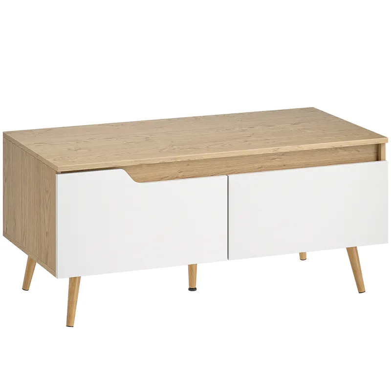 HOMCOM Masă de cafea dreptunghiulară, masă de living modernă cu 2 sertare, 5 picioare din lemn de pin, 100x50x46cm, stejar și alb