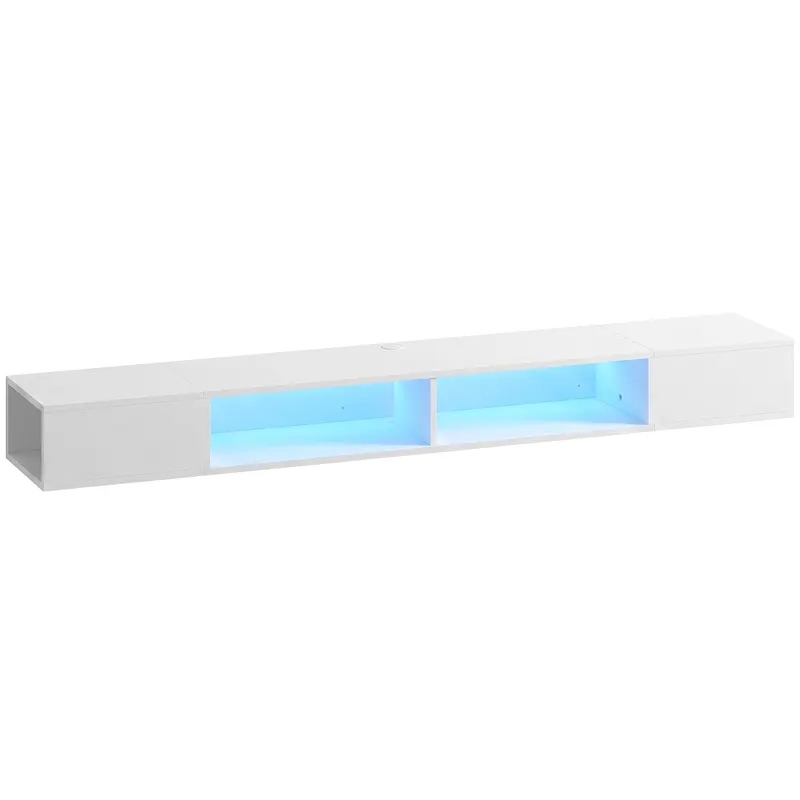 HOMCOM Comodă TV Suspendată cu Lumină LED cu Rafturi Deschise pentru Televizor 190,5 cm 177,8x30x18 cm Alb
