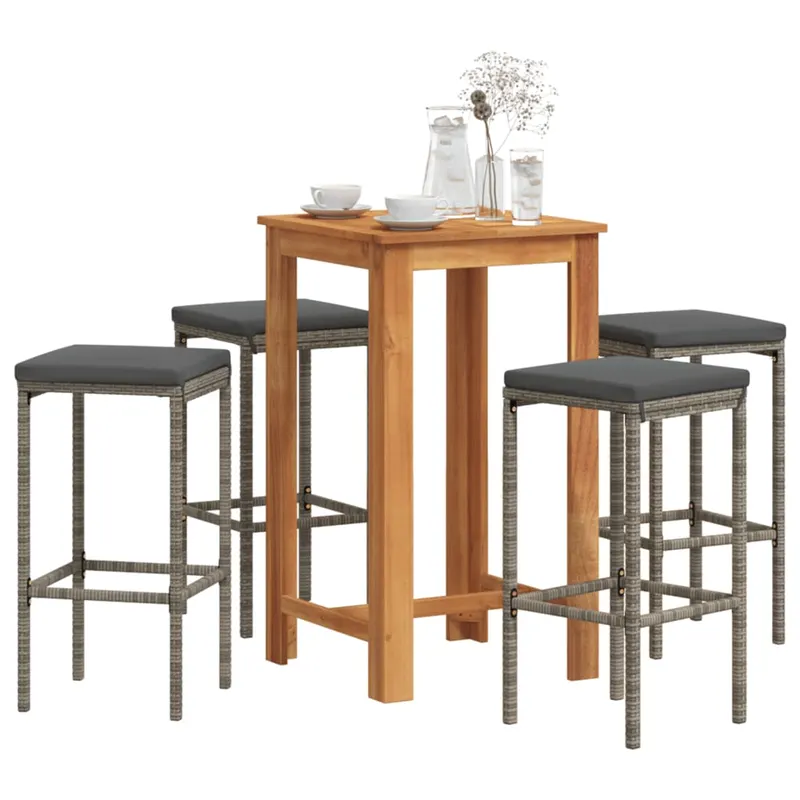 set bar de gradina, 5 piese, gri, lemn masiv acacia/ poliratan
