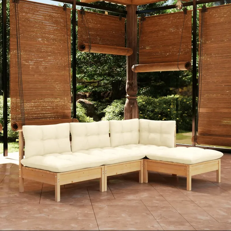 set mobilier gradina cu perne, 4 piese, crem, lemn de pin