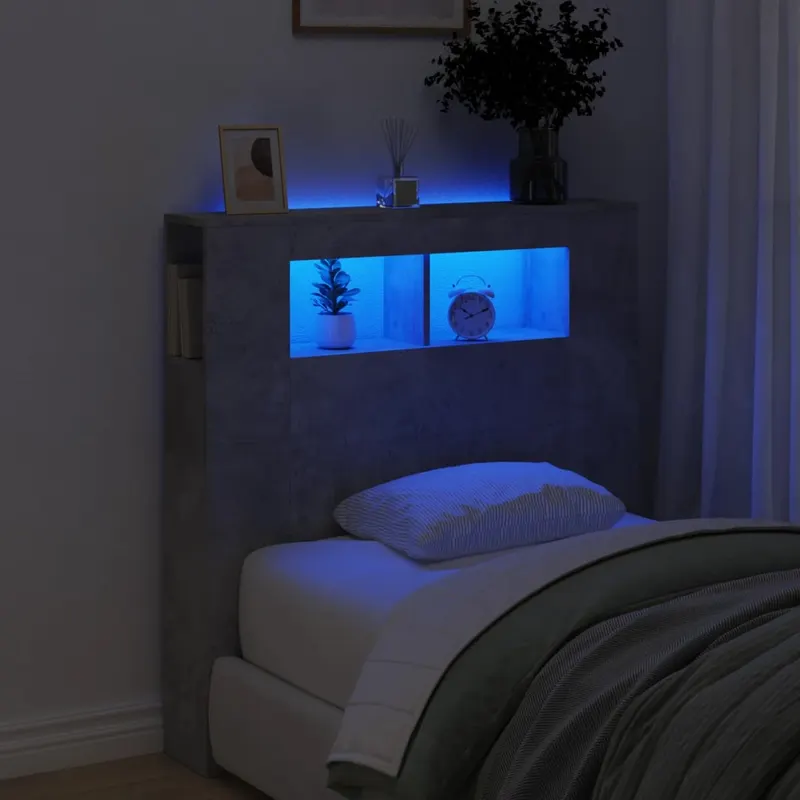 tablie de pat cu led, gri beton, 100x18,5x103,5 cm, lemn
