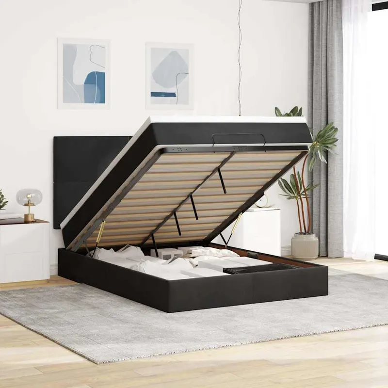 cadru de pat otoman cu saltele, catifea neagra 140x190cm