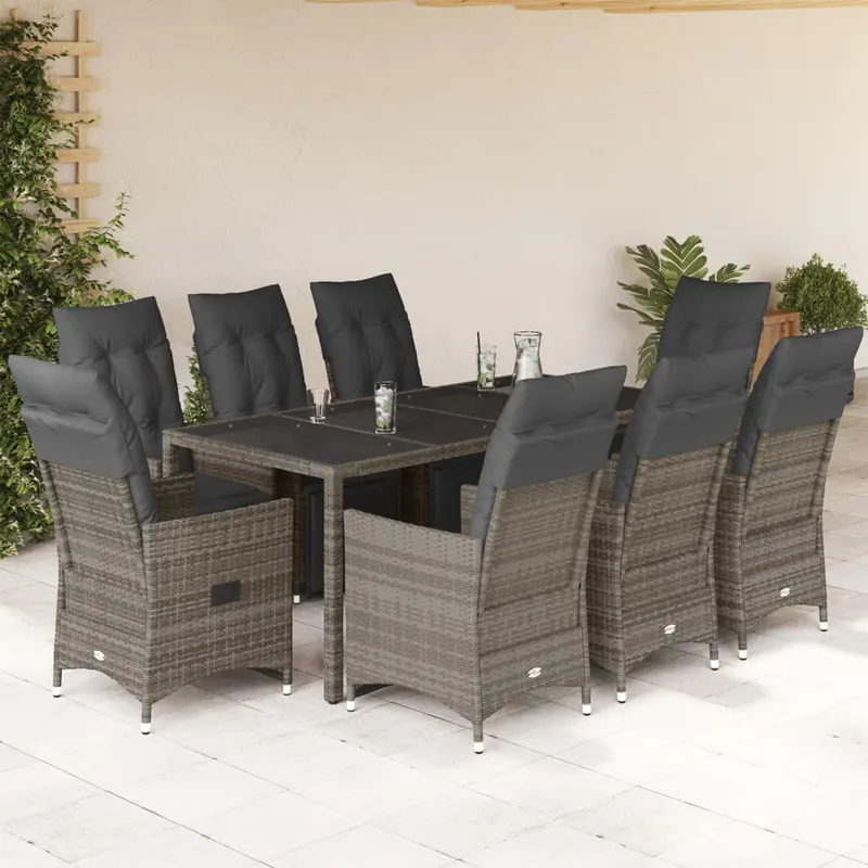 set bistro de gradina cu perne, 9 piese, gri, poliratan