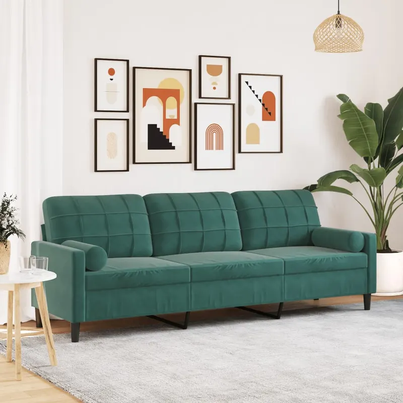 canapea cu 3 locuri cu pernute, verde inchis, 210 cm, catifea