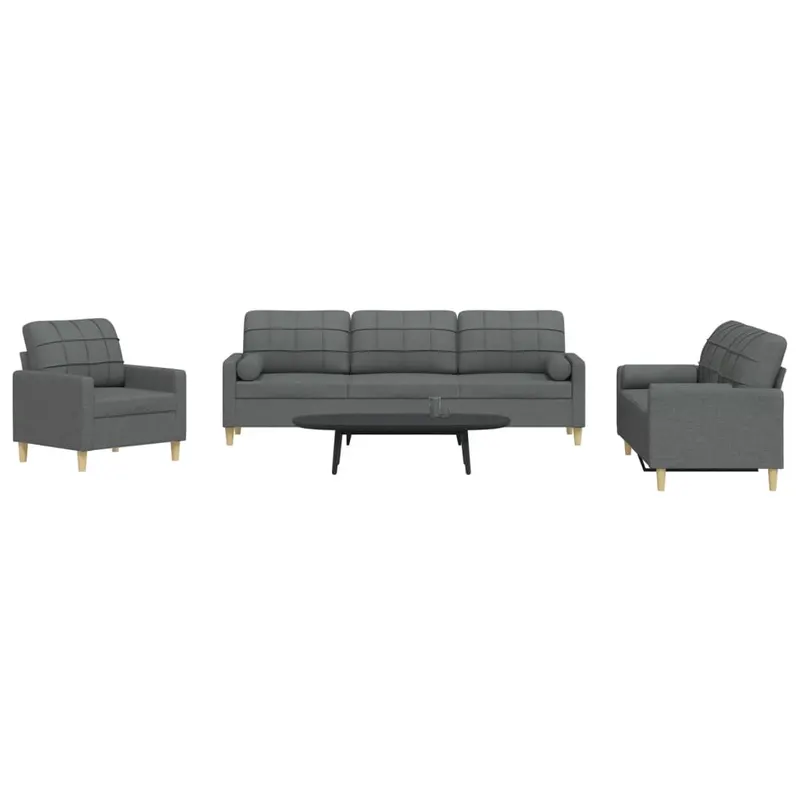 set de canapele cu perne, 3 piese, gri inchis, material textil