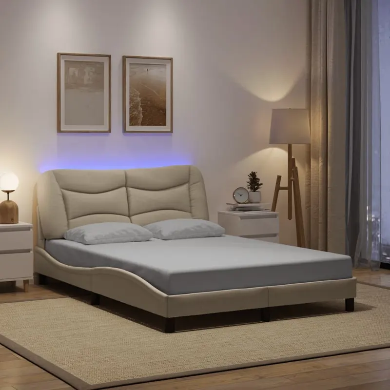 cadru de pat cu lumini led, crem, 140x200 cm, textil