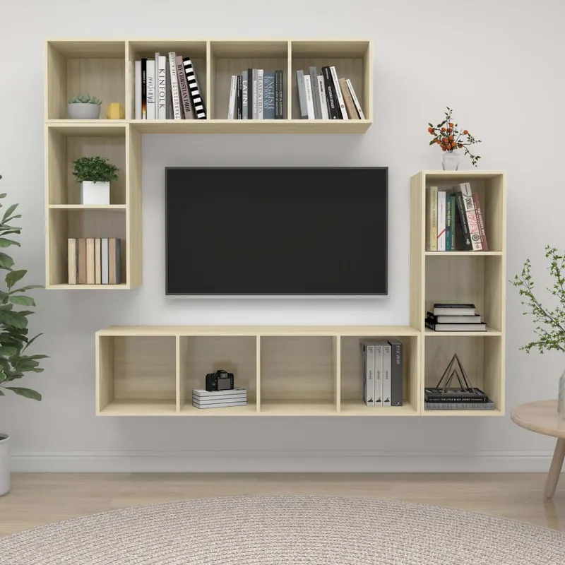 set dulap tv, 4 piese, stejar sonoma, lemn prelucrat