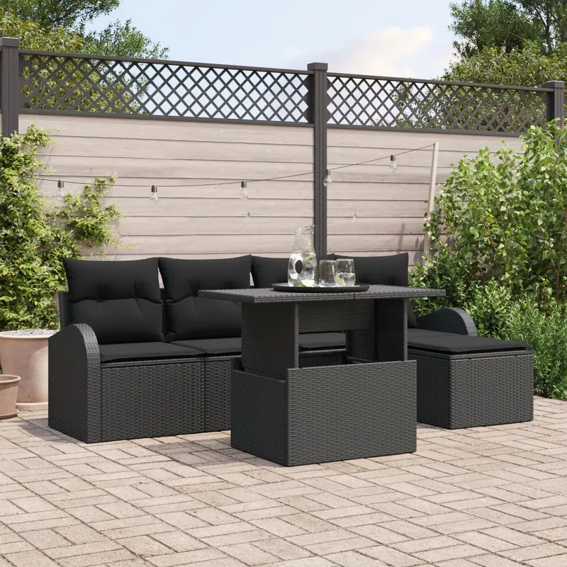 set de 6 piese de sofa de gradina cu perne negre din ratan poly, sofa de gradina cu 2 locuri cu spatiu de depozitare si perne negre din ratan poly