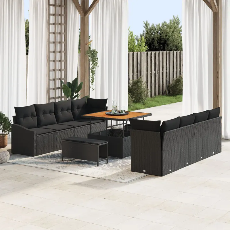 Set de canapea de gradina cu perne, negru poliratan acacia, canapea de gradina cu 2 locuri si perne, negru poliratan, set de dining de gradina cu 3 piese si perne, negru poliratan acacia