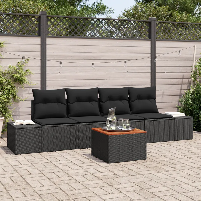 set canapea gradina 5 piese si perne, poliratan negru, acacia