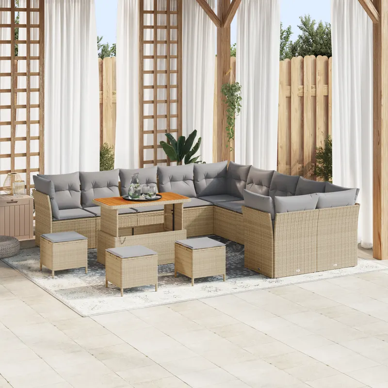 Set de canapea de gradina 14 piese cu perne bej ratan poli acacia, set de dining de gradina 4 piese cu perne bej ratan poli acacia