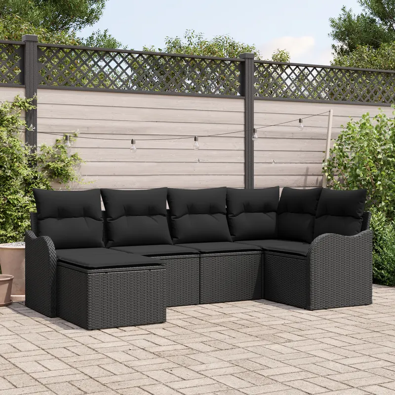 set de canapea de gradina cu 6 piese si perne, ratan polimer negru