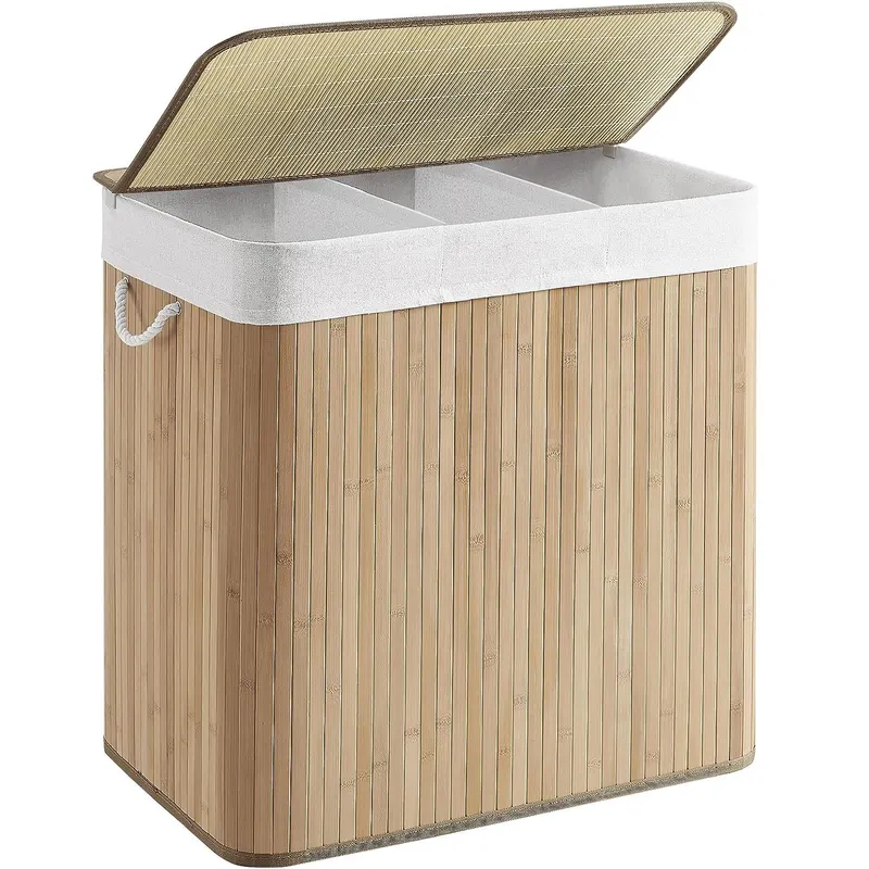 Cos de rufe din bambus, pliabil, cu captuseala detasabila lavabila, 3 compartimente, 150L, 60x40x60cm, natural