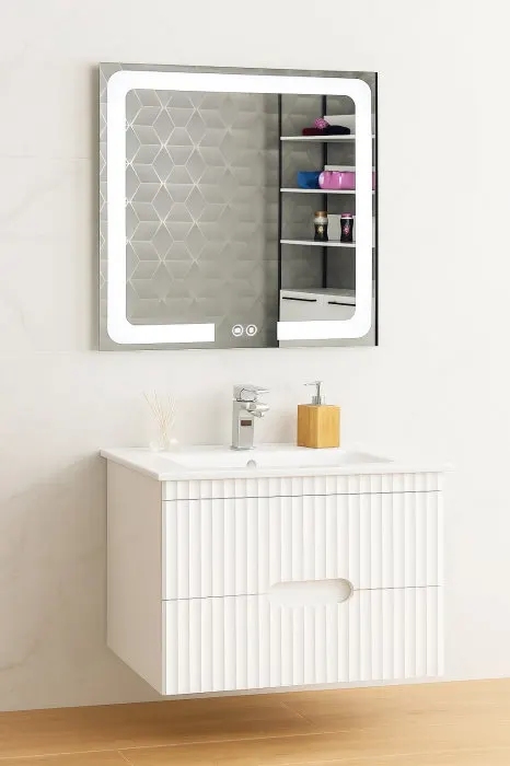 Set Baza front MDF cu Lavoar si Oglinda cu iluminare LED, seria 009, suspendata, cu sertare, 80 cm, alb