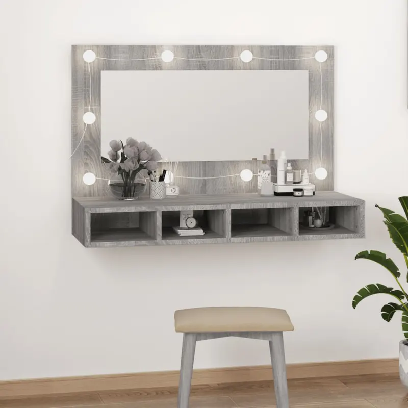dulap cu oglinda si led, gri sonoma, 90x31,5x62 cm