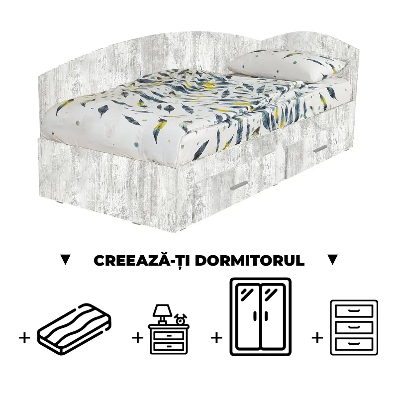 Creeaza-ti Dormitorul ALMA, pin antichizat, de la Pat Colt Alma 90x200 cm, cu 2 sertare laterale pe role, adauga Saltea, Noptiere, Comoda, Dulap