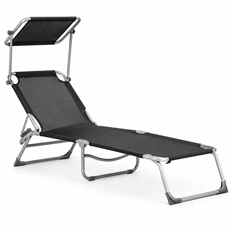 Sezlong pliabil cu parasolar, spatar reglabil, 178x57 cm, 150 kg, negru