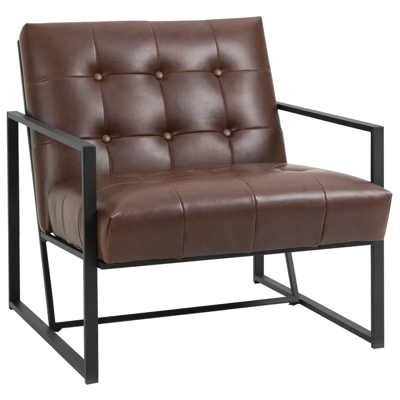 Fotoliu Stil Industrial Matlasat cu Nasturi, Mobilier Modern Fotoliu scaun din metal si PU, 62x74x78cm Maro HOMCOM | RO