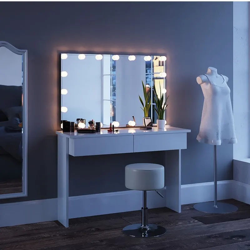Masuta machiaj cu Oglinda LED si 2 Sertare pentru Cosmetice, Set Masa toaleta 120 cm, Alb, masuta cosmetica, vanity - SEA252