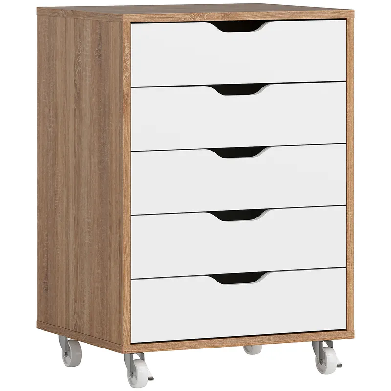 Vinsetto Corp mobil de birou, mobilier de depozitare pe roți, 5 sertare, 47,5 x 39,5 x 67,5 cm, alb și stejar
