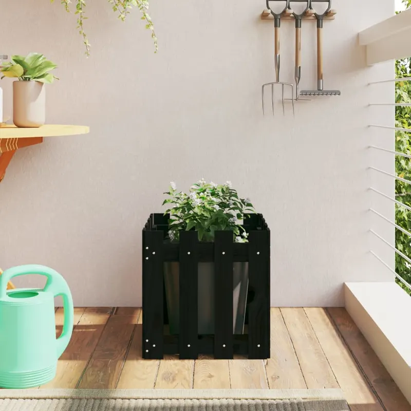 Jardiniera gradina design gard negru 40x40x40 cm lemn masiv pin