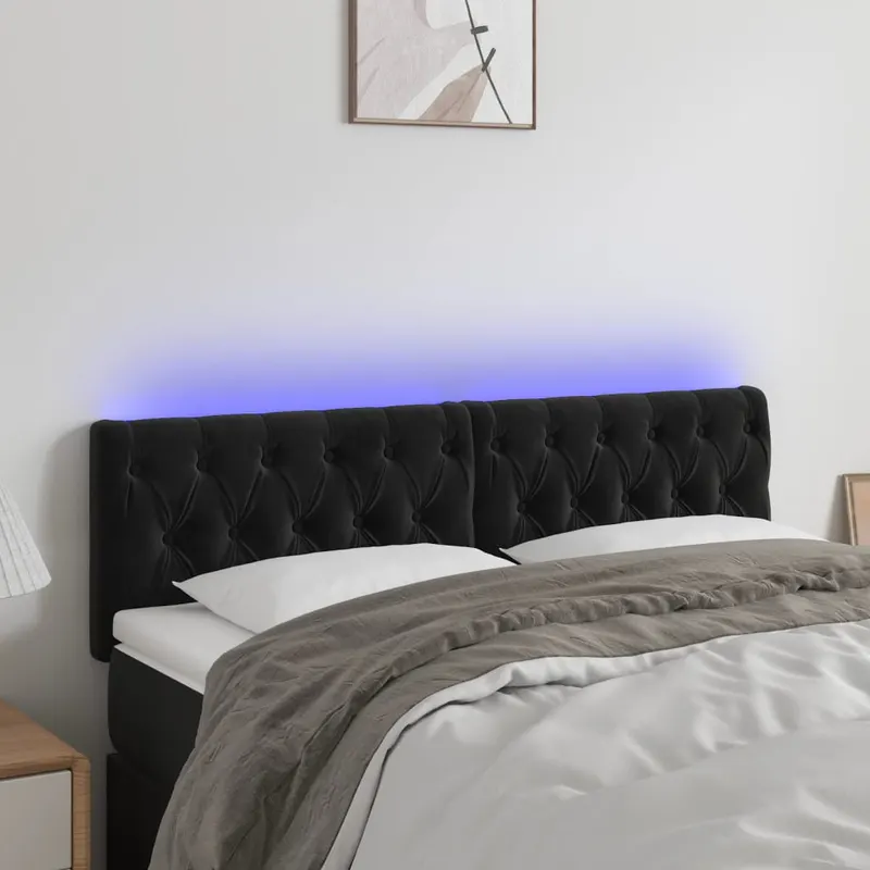 tablie de pat cu led, negru, 144x7x78/88 cm, catifea