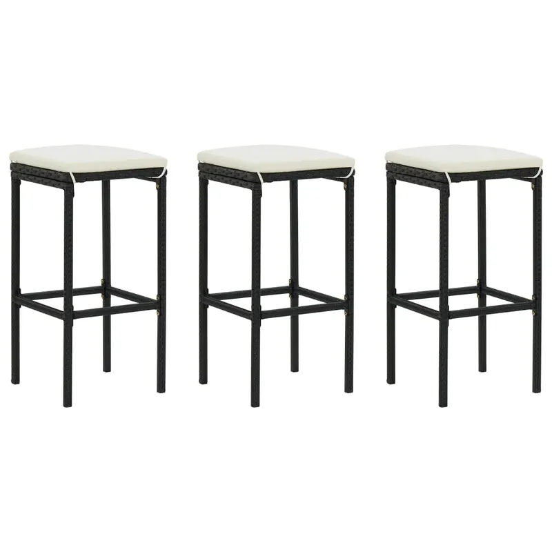 taburete de bar cu perne, 3 buc., negru, poliratan