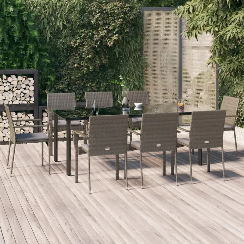 set mobilier de gradina cu perne, 9 piese, negru/gri, poliratan