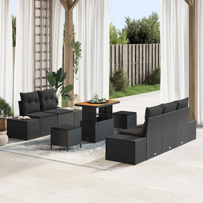 Set canapea gradina 8 piese cu perne negre poli ratan acacia, canapea gradina 2 locuri cu depozitare si perne negre poli ratan, set dining gradina 3 piese cu perne negre poli ratan acacia