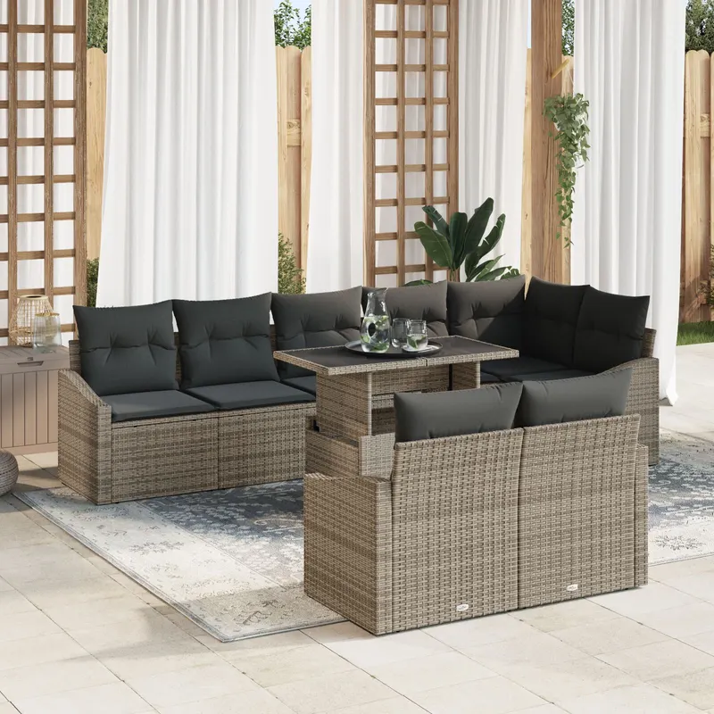 set de canapea de gradina cu 9 piese si perne gri din ratan poliester