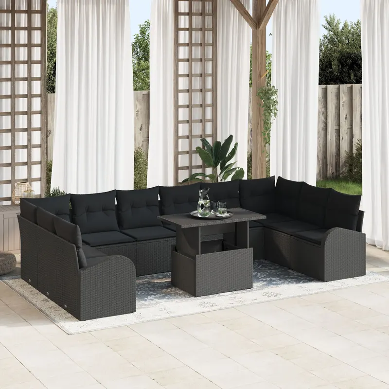 set de sofa cu 11 piese cu perne negru poliratan
