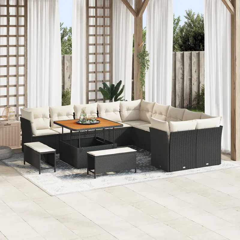 Set de canapea de gradina cu 13 piese cu perne negru poliratan acacia, set de dining de gradina cu 3 piese cu perne negru poliratan acacia