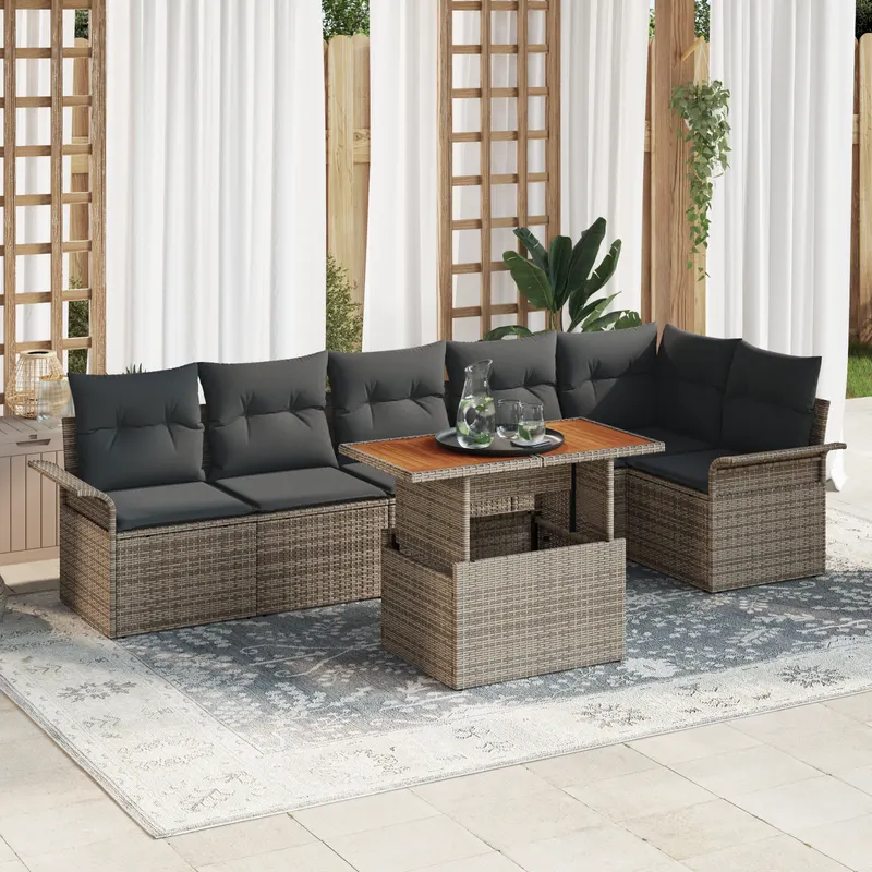 set de canapea de gradina cu 7 piese cu perne gri ratan polimer