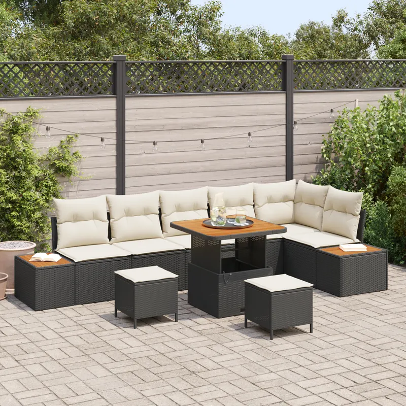 Set de canapea de gradina cu pernute negru poliratan acacia, set de masa si canapea de gradina cu pernute negru poliratan acacia