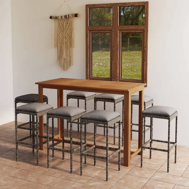set mobilier bar de gradina cu perne, 9 piese, gri