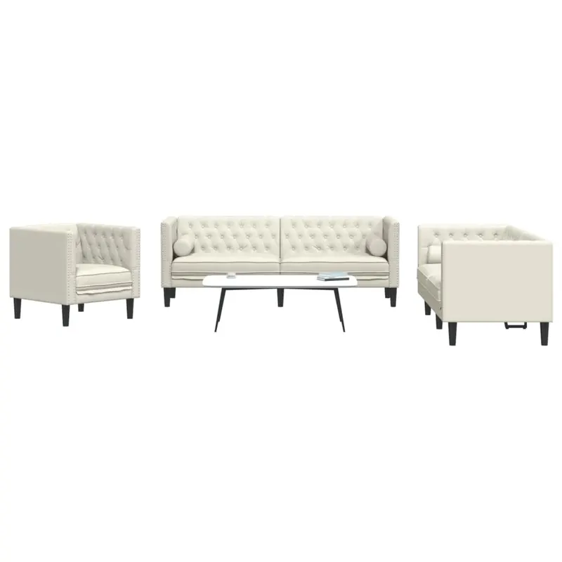 set canapele chesterfield cu perne rulou 3 piese, crem, catifea