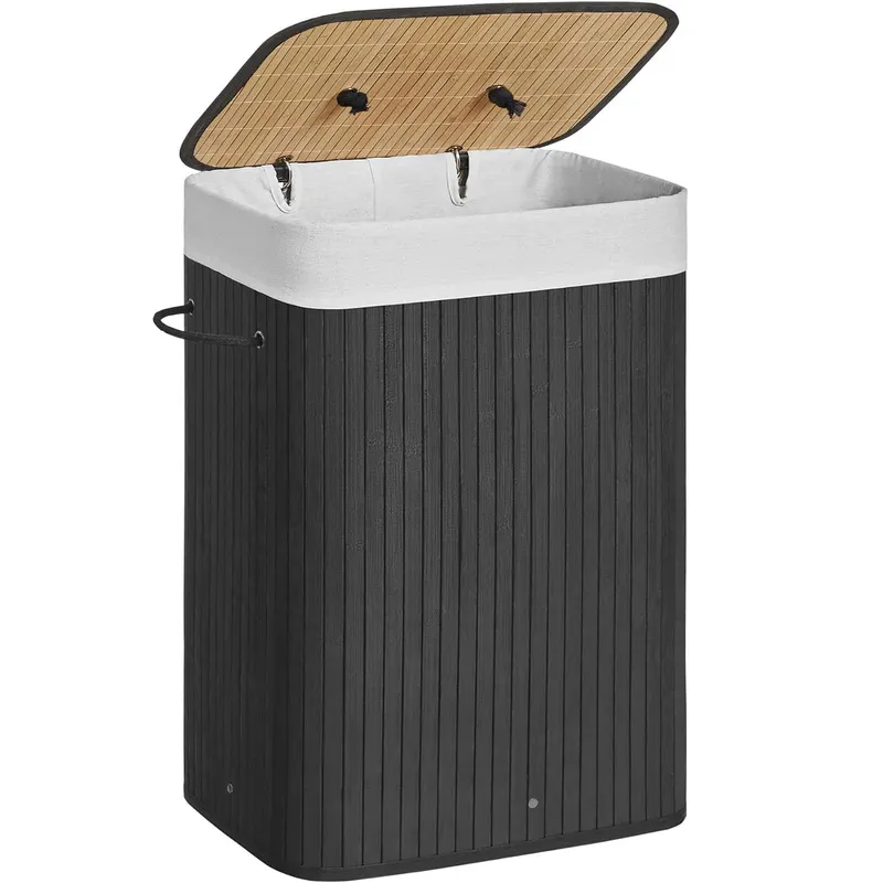 Cos de rufe din bambus, pliabil, cu captuseala detasabila lavabila, 72L, 40x30x60cm, negru