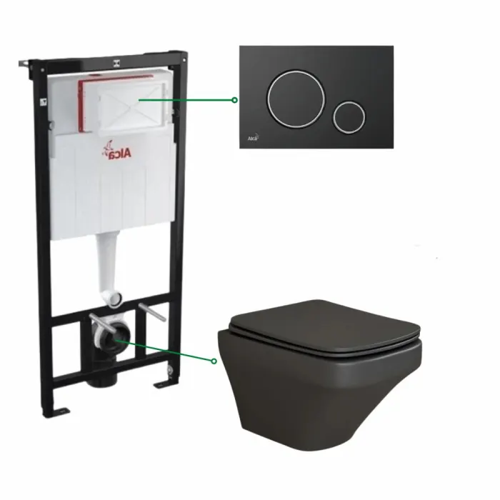 Set vas wc suspendat negru mat,rimless, Bristol si rezervor incastrat cu clapeta de actionare neagra cu detalii argintii Alcadrain