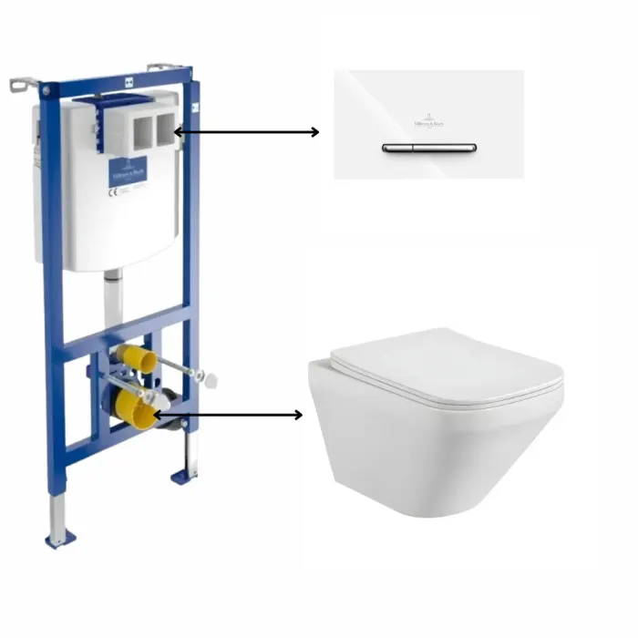 Set vas wc rimless suspendat, dreptunghiular, Bristol cu rezervor incastrat si clapeta de actionare dual-flush, alba cu 2 butoane cromate ViConnect, Villeroy Boch