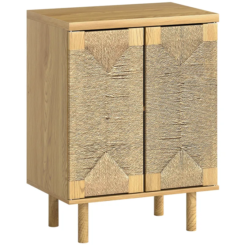 HOMCOM Bufet boem cu 2 uși cu sfoară împletită manual, raft reglabil, deschidere prin apăsare, stejar, 60x40x78 cm