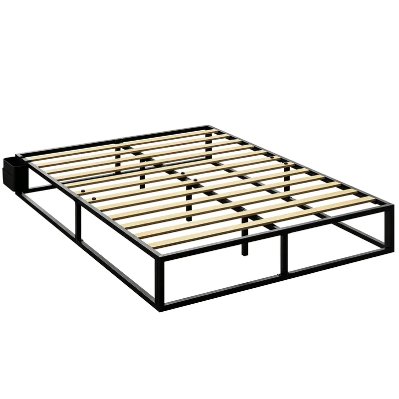 HOMCOM Cadru de pat 140 x 190 cm cu somier, pat dublu cu buzunar de depozitare, suport cu lamele din lemn, negru