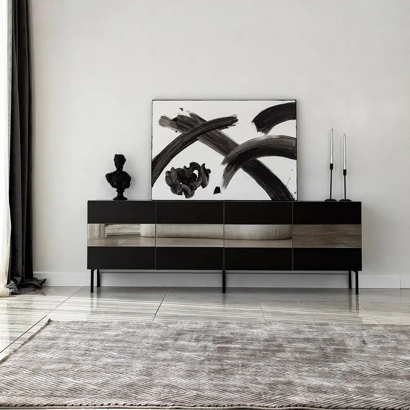 Comodă TV Leon, Diverse culori, 180x35x59 cm - Negru - Fumuriu