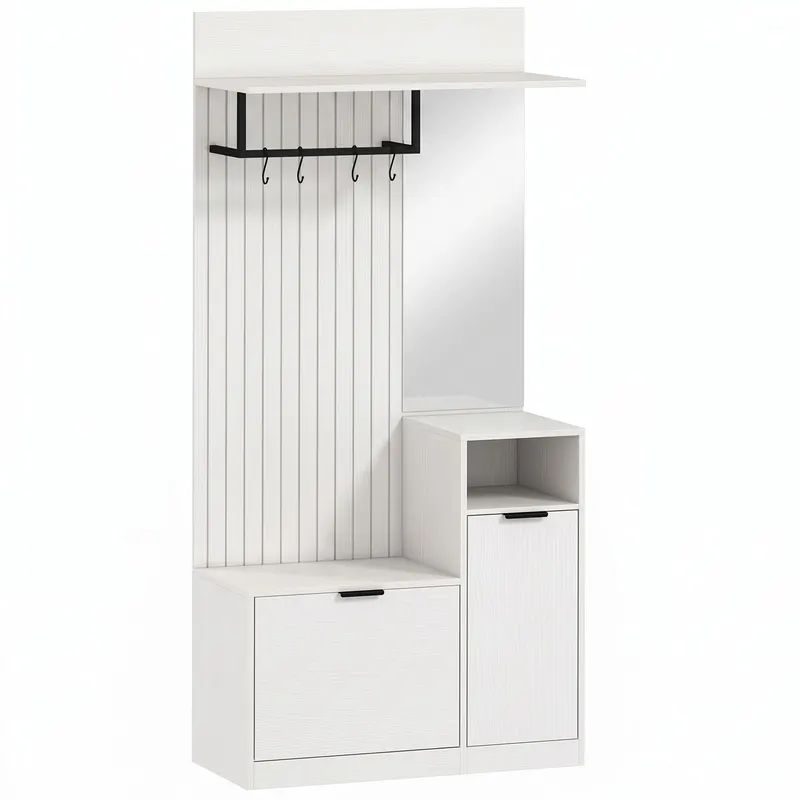 HOMCOM Cuier 6-în-1 Mobilier de intrare cu banc pentru încălțăminte, oglindă, sertar basculant, etajere reglabile, 4 cârlige, alb