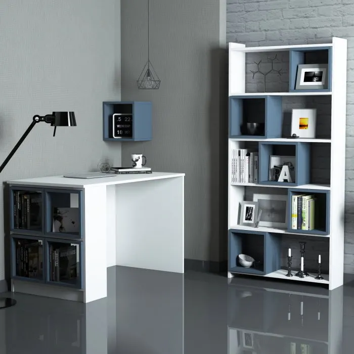 Set birou si biblioteca BOX, 3 piese, alb + albastru