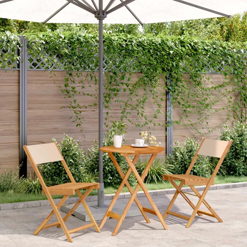 set mobilier bistro, 3 piese, textil bej/lemn masiv