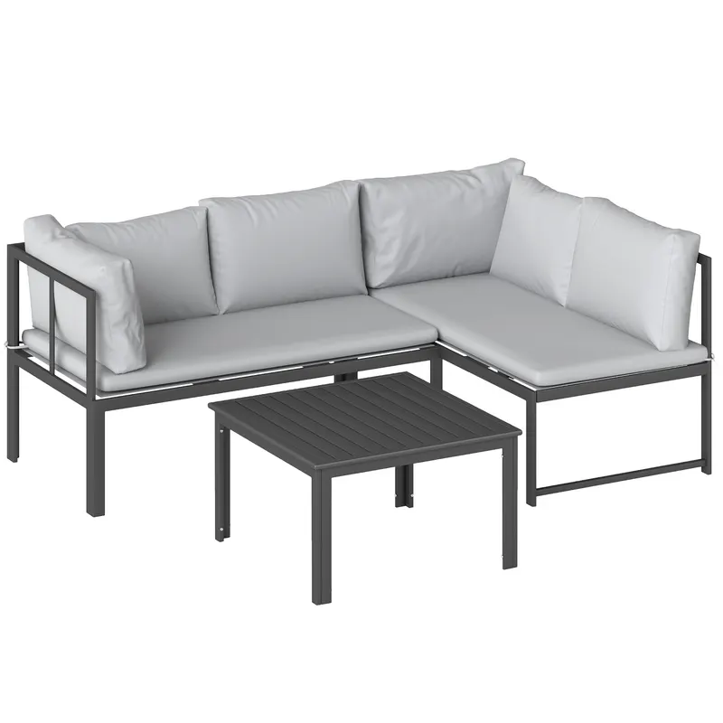 Outsunny Set de Grădină din Metal 3 Piese cu Măsuță cu Șipci și Perne