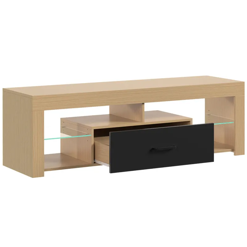 HOMCOM Comodă TV 140 cm, mobilier pentru televizor până la 165,1 cm cu rafturi din sticlă reglabile, sertar și compartimente deschise, stejar