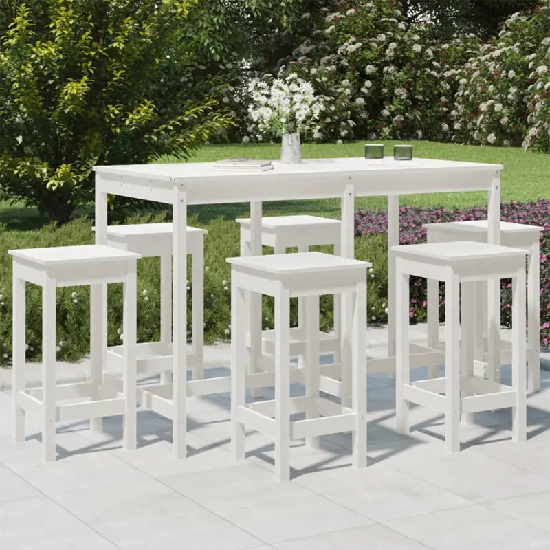 set bar de gradina, 7 piese, alb, lemn masiv de pin